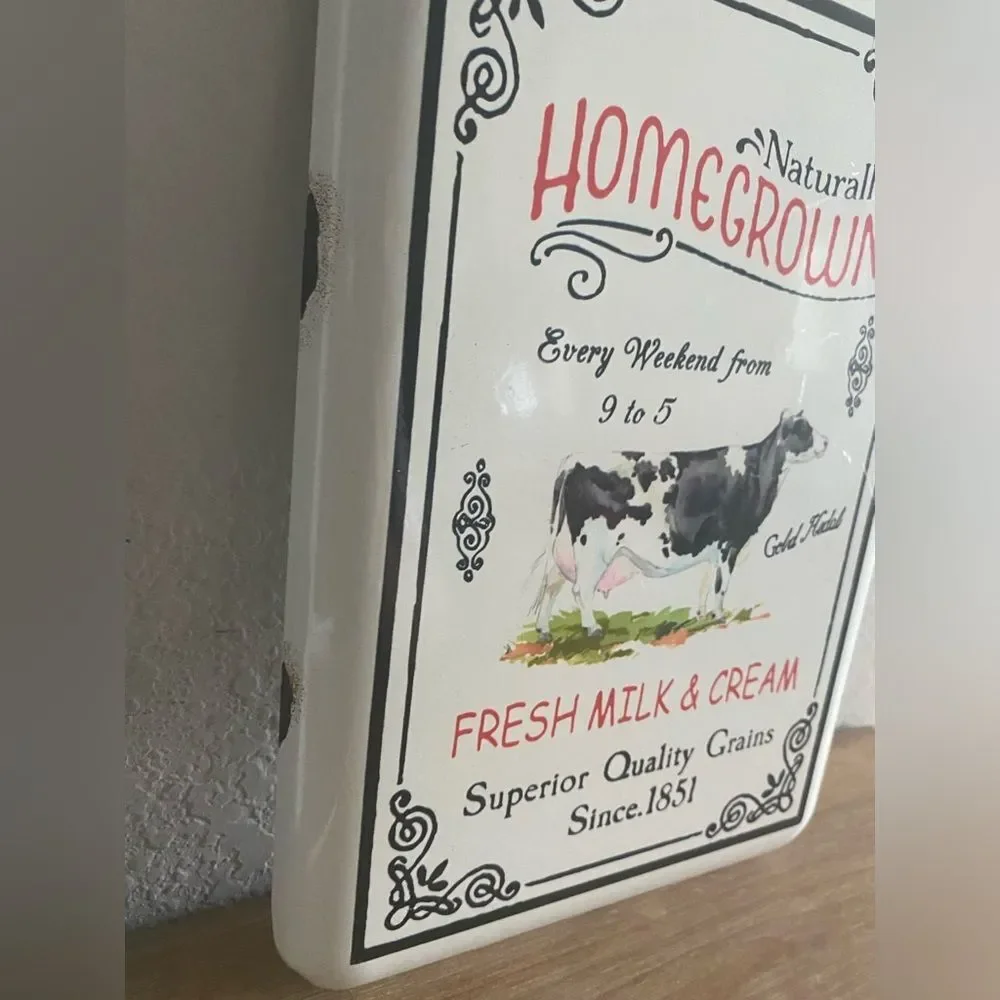 Farmhouse Distressed Metal White Homegrown Cow Sign Rope Hanger Wall Decor 12x8